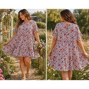 Floral Babydoll Dress XL Boho Cottagecore Mini Tiered Short Sleeve Summer Dress